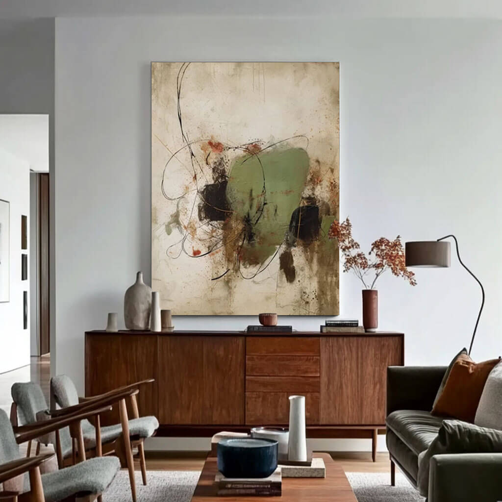 Abstract Green Wall Art for Mid-Century Modern Living Rooms – Huesartlab