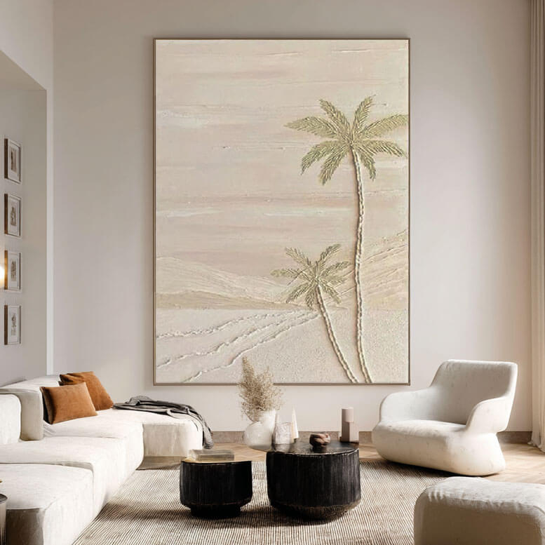 Textured Neutral Palm Tree Canvas Art - Handcrafted Desert
