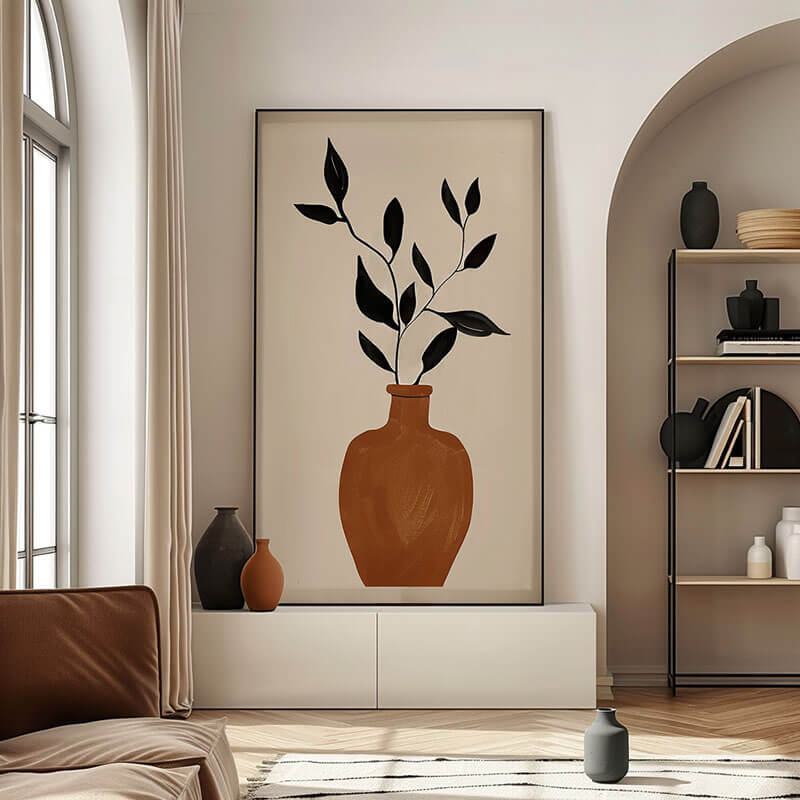 potted plant wall art Hand-Painted Brown Vertical Abstract Modern Decorative Painting for Living Room Wall Decor, 47" x 32" / 119 x 81 cm / Wood Frame