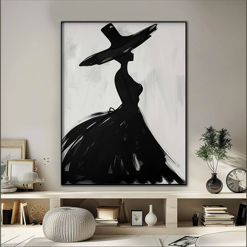 painting of a woman in a black dress Modern Vertical Female Portrait Acrylic Painting in Black and Beige for Living Room and Hallway Wall Art – Huesartlab