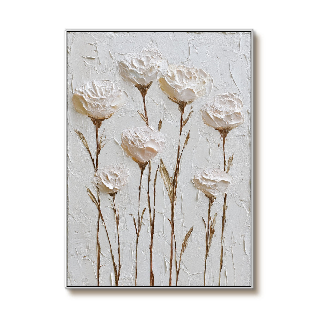 Hand-Painted Textured Relief White Floral Art - Cream Minimalist Canvas Wall Decor - White Silence - Hues Art Lab