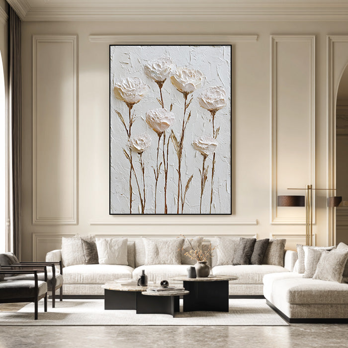 Hand-Painted Textured Relief White Floral Art - Cream Minimalist Canvas Wall Decor - White Silence - Hues Art Lab