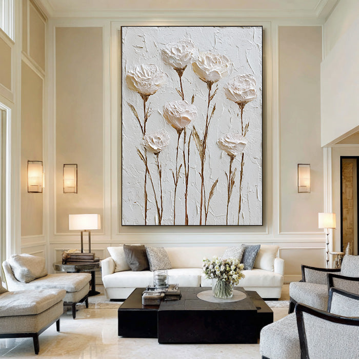Hand-Painted Textured Relief White Floral Art - Cream Minimalist Canvas Wall Decor - White Silence - Hues Art Lab