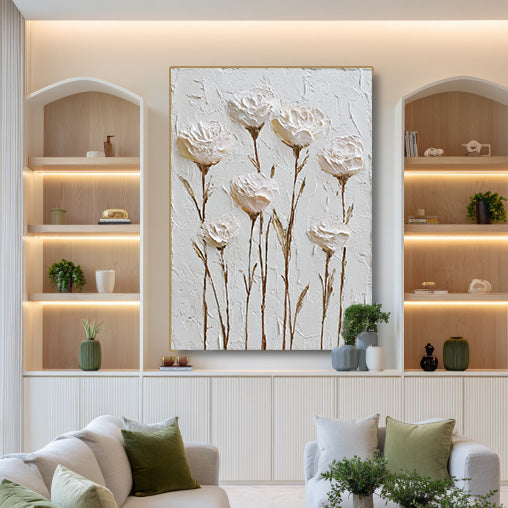 Hand-Painted Textured Relief White Floral Art - Cream Minimalist Canvas Wall Decor - White Silence - Hues Art Lab