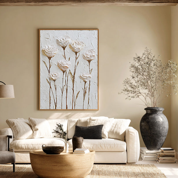 Hand-Painted Textured Relief White Floral Art - Cream Minimalist Canvas Wall Decor - White Silence - Hues Art Lab