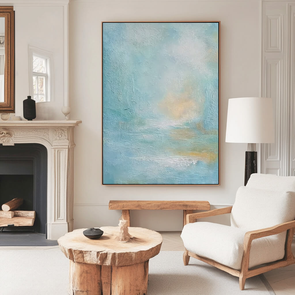A Lyric II contemporary abstract wall art in frosty blue and muted orange tones