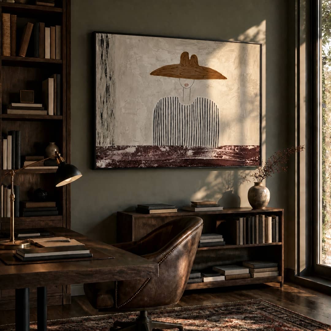 minimalist Western cowboy portrait wall art in a coordinated modern interior