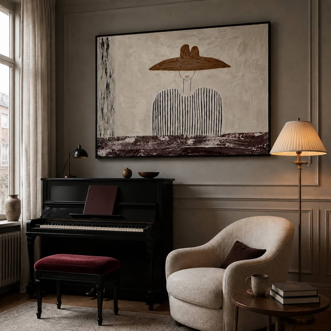 minimalist Western cowboy portrait wall art in a coordinated modern interior
