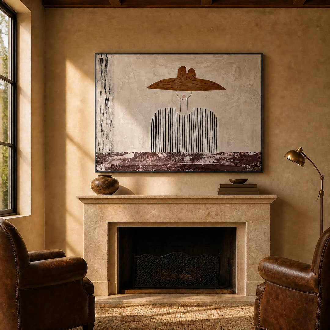 minimalist Western cowboy portrait wall art in a coordinated modern interior