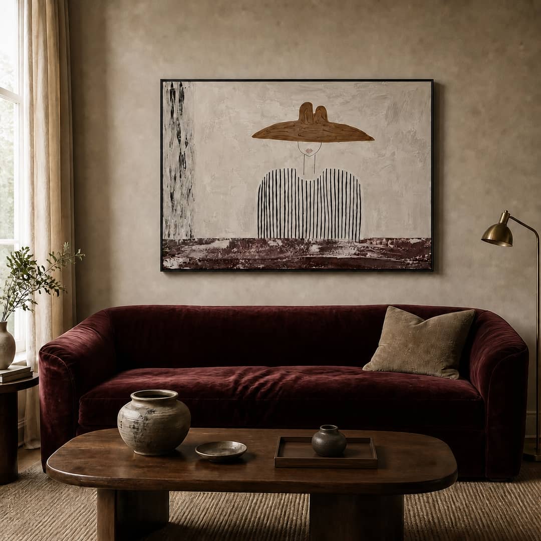 minimalist Western cowboy portrait wall art displayed in a styled living room