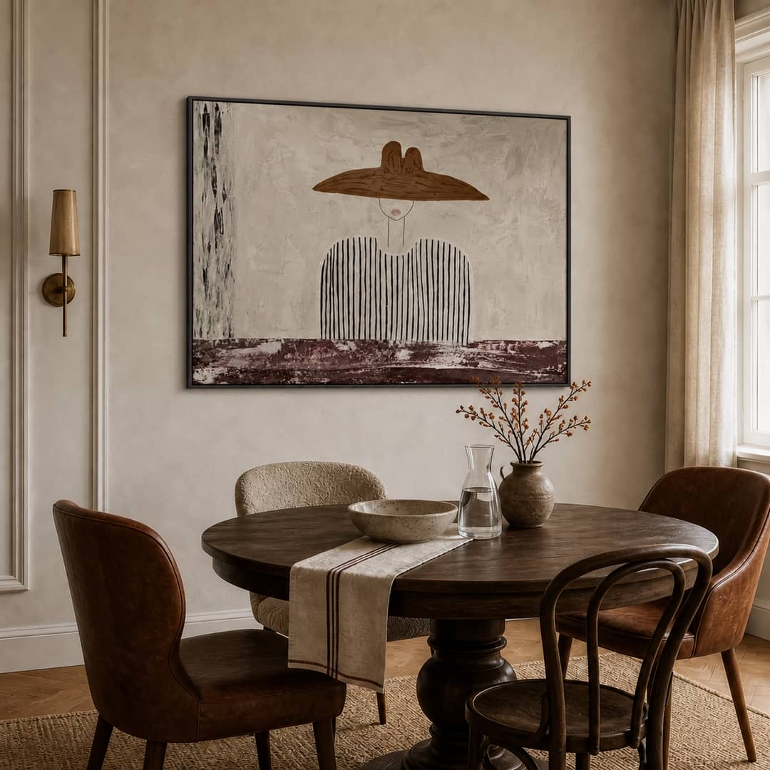 minimalist Western cowboy portrait wall art in a coordinated modern interior