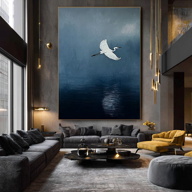A Streak of White large minimalist egret wall art by Hues Art Lab