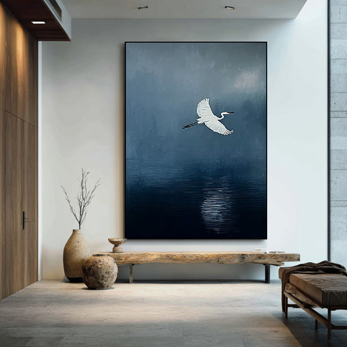 A Streak of White minimalist painting with graceful egret silhouette