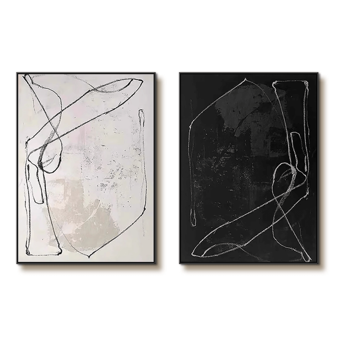 Monochrome Line Art Pair - Contemporary Black and White Abstract Painting Set of 2 - Alternate - Hues Art Lab