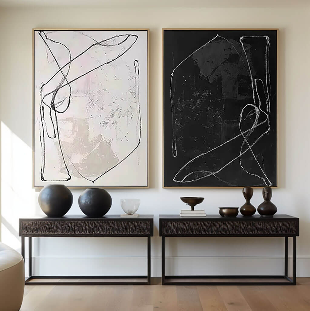 Monochrome Line Art Pair - Contemporary Black and White Abstract Painting Set of 2 - Alternate - Hues Art Lab