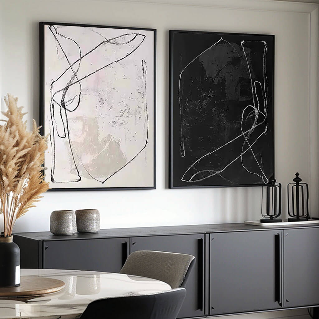 Monochrome Line Art Pair - Contemporary Black and White Abstract Painting Set of 2 - Alternate - Hues Art Lab