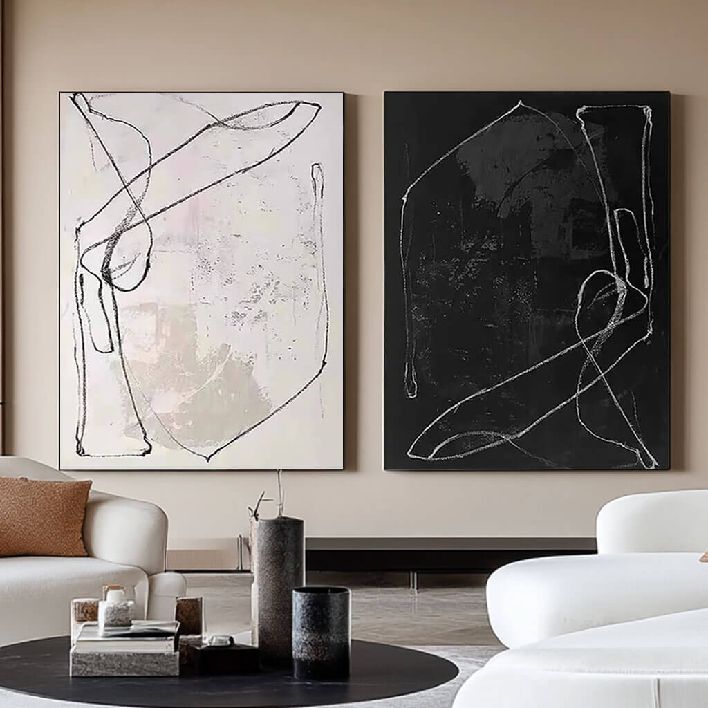 Monochrome Line Art Pair - Contemporary Black and White Abstract Painting Set of 2 - Alternate - Hues Art Lab