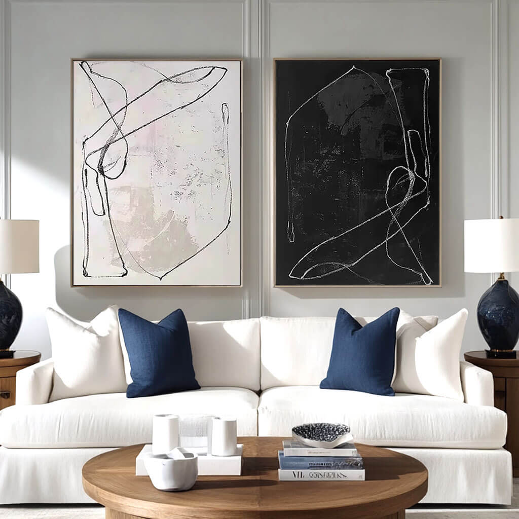 Monochrome Line Art Pair - Contemporary Black and White Abstract Painting Set of 2 - Alternate - Hues Art Lab