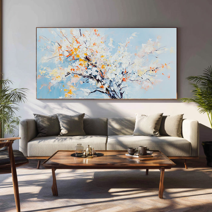 An Ode to Pale Blue modern impasto abstract flowering tree wall art by Hues Art Lab
