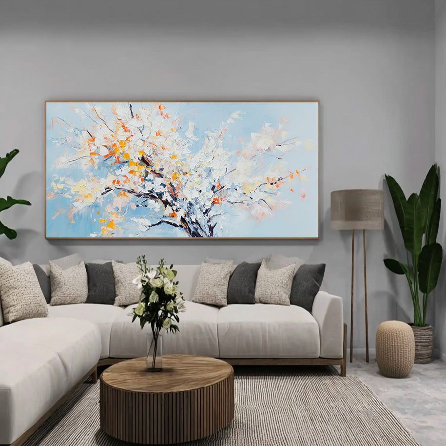 An Ode to Pale Blue framed flowering tree canvas print in a calm room