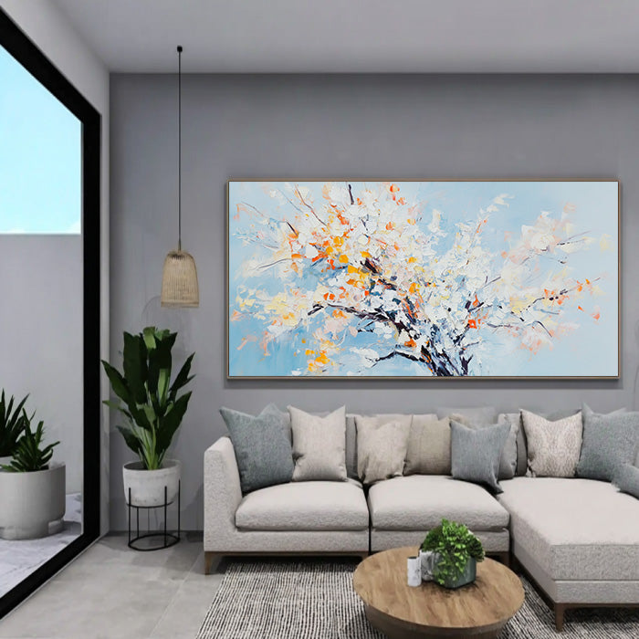 An Ode to Pale Blue textured painting with abstract branches and pale blooms