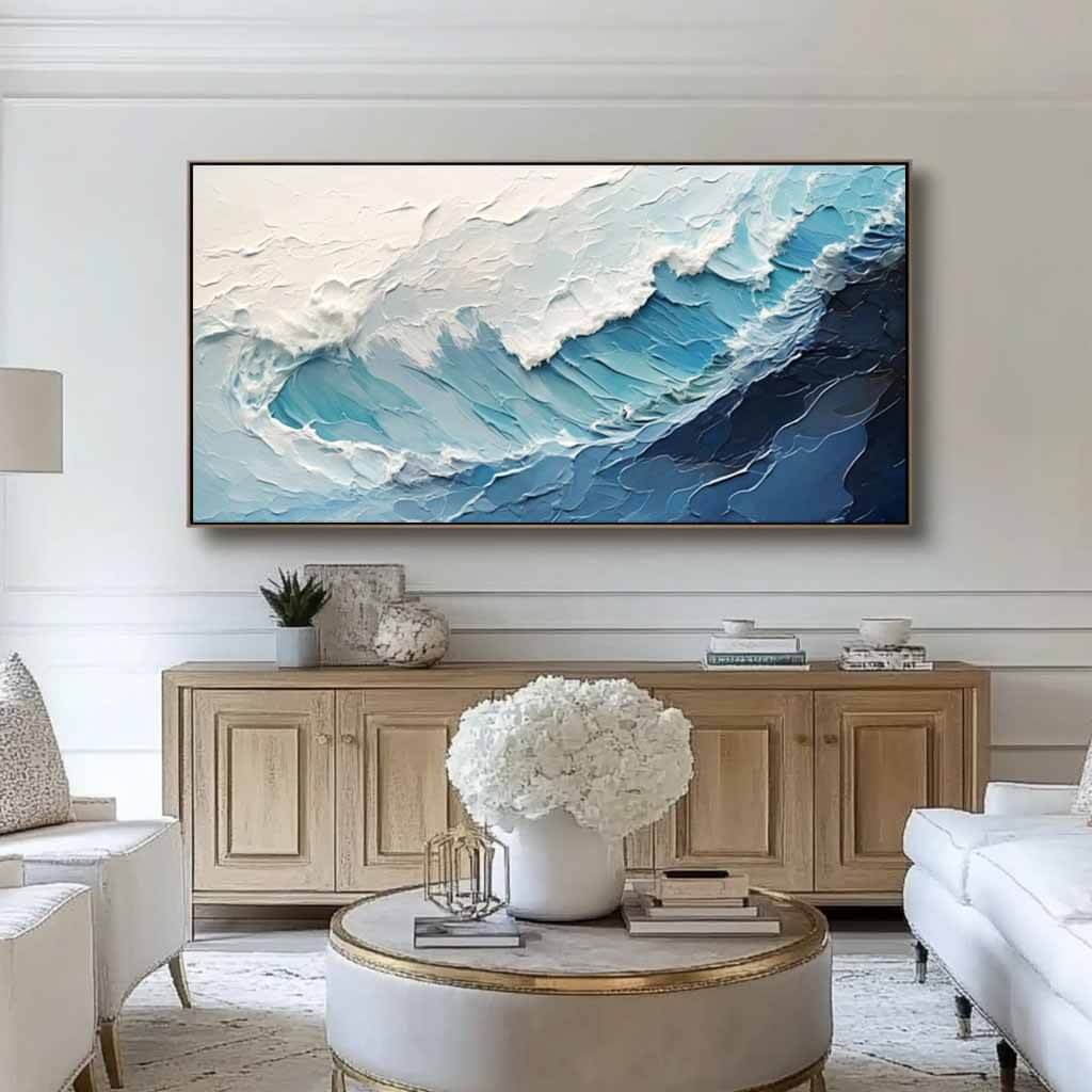 Large Textured Seascape Wall Art Painting - Aqua Falls - Hues Art Lab