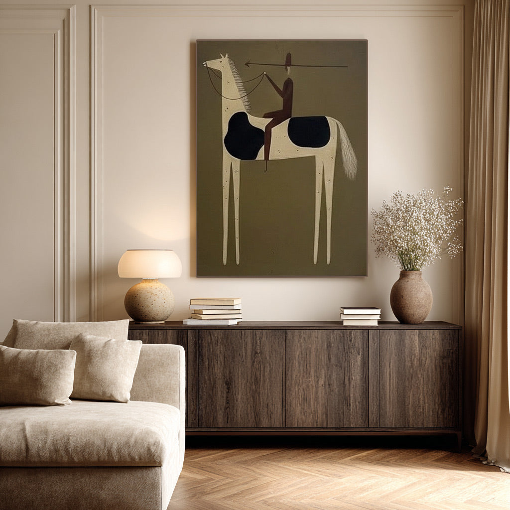 Muted Western rider wall art styled in a bright neutral living room