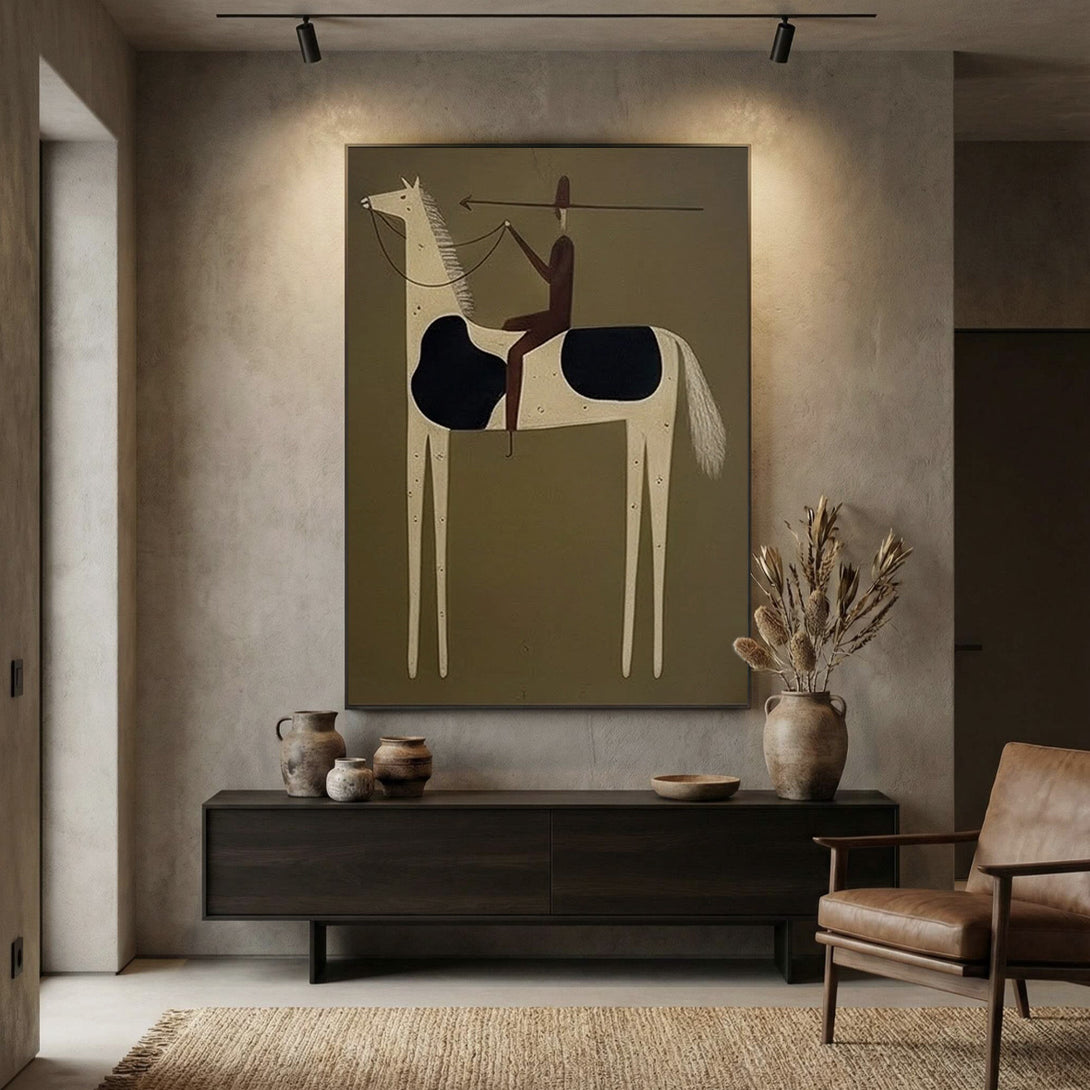 Large minimalist horse rider painting in a modern interior
