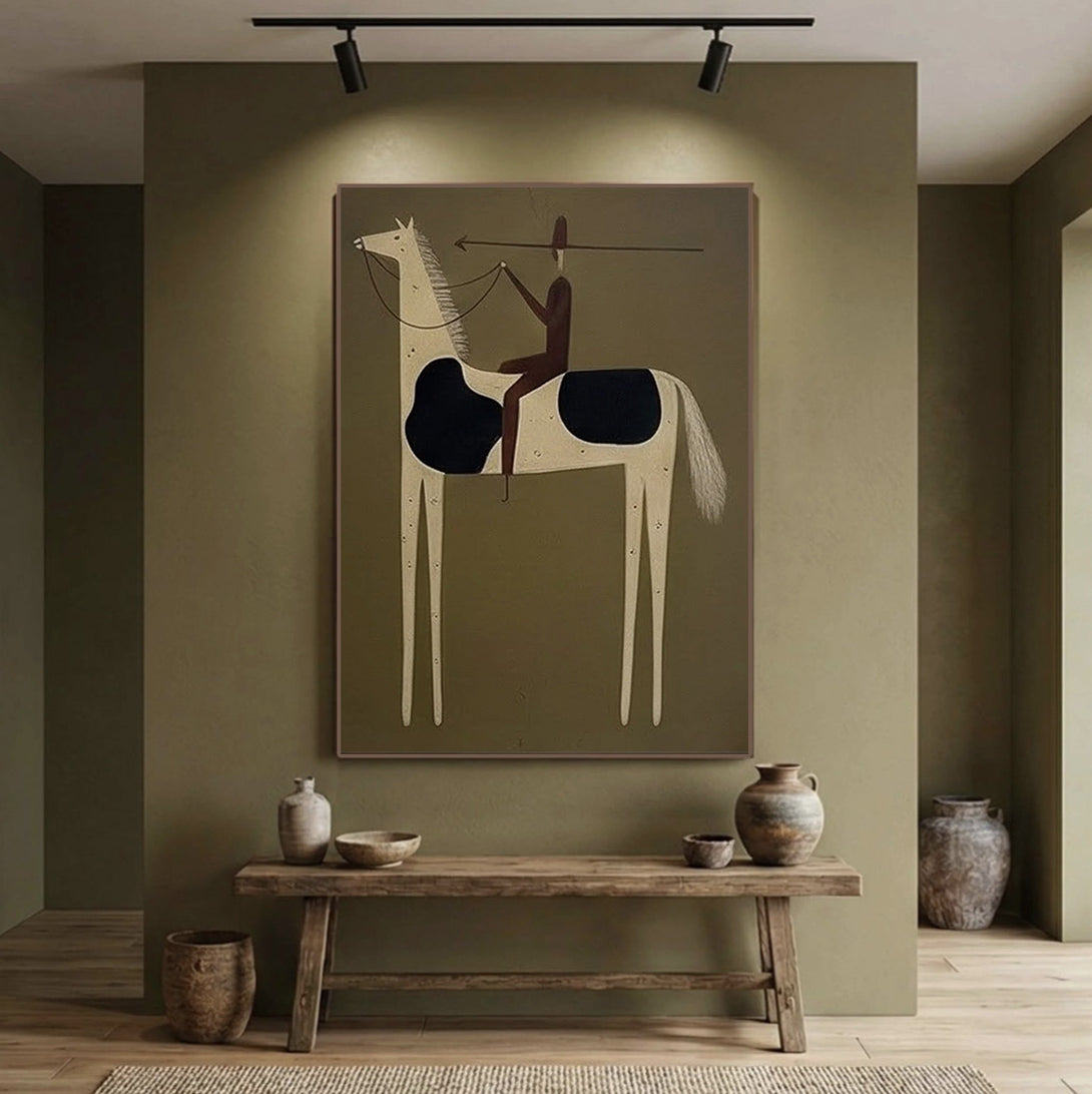 Vertical folk-inspired equestrian painting on an olive feature wall