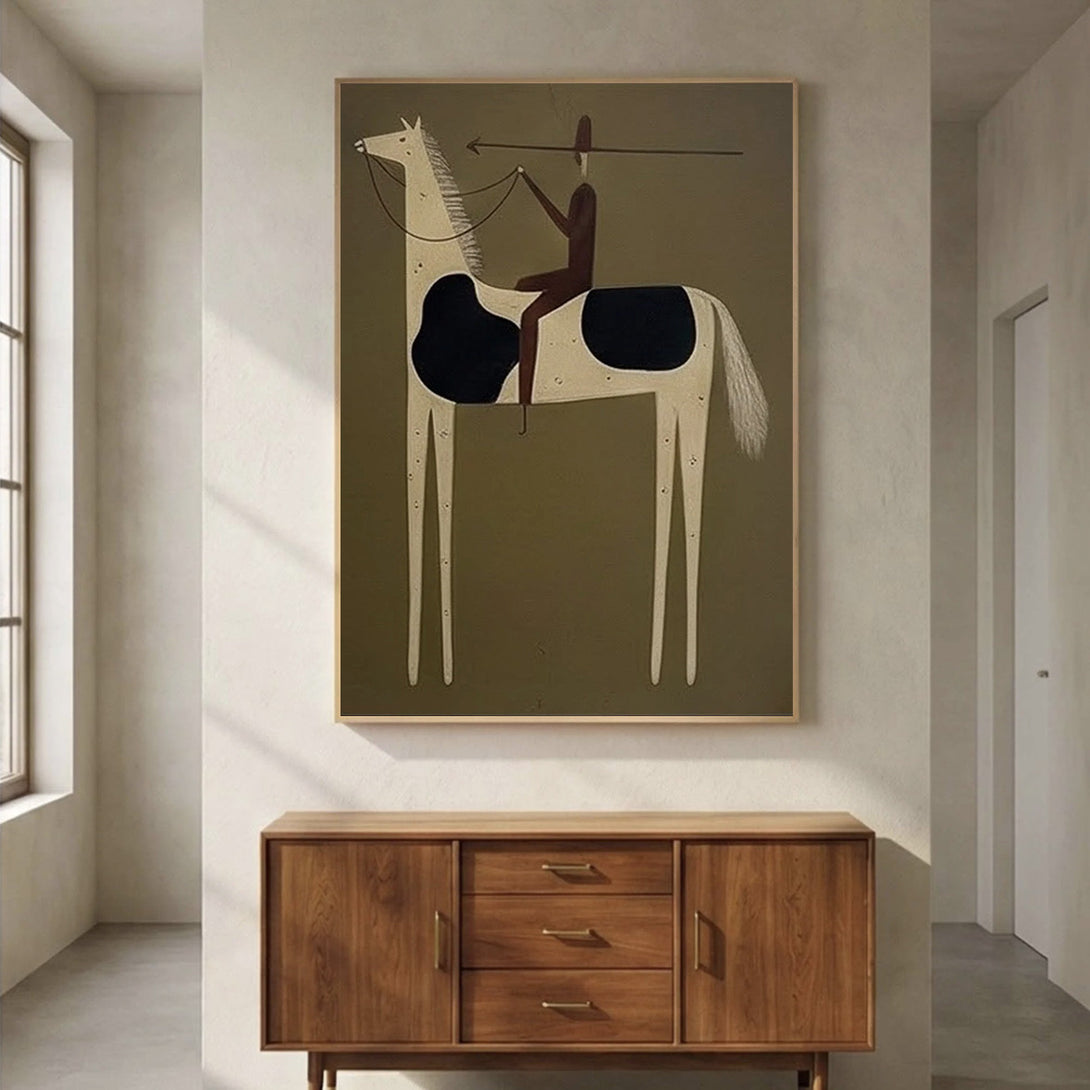 Western horse wall art in cream, black and olive above a wood console