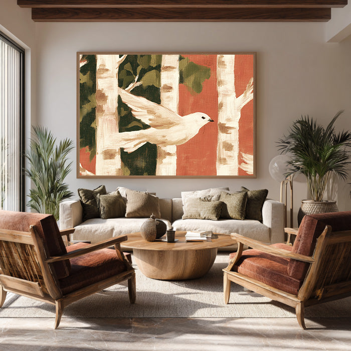 Autumn Messenger framed nature canvas print styled in a warm modern room