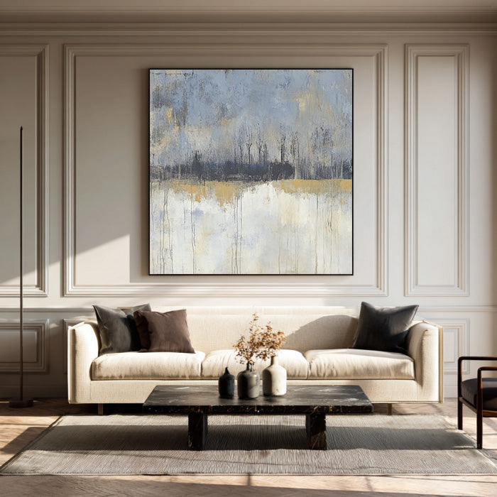 Autumn Riverbank framed landscape canvas print styled in a warm room