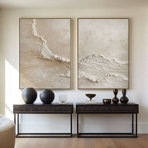 3D Textured Abstract Art Set of 2 - Beige Ocean Waves - Hues Art Lab