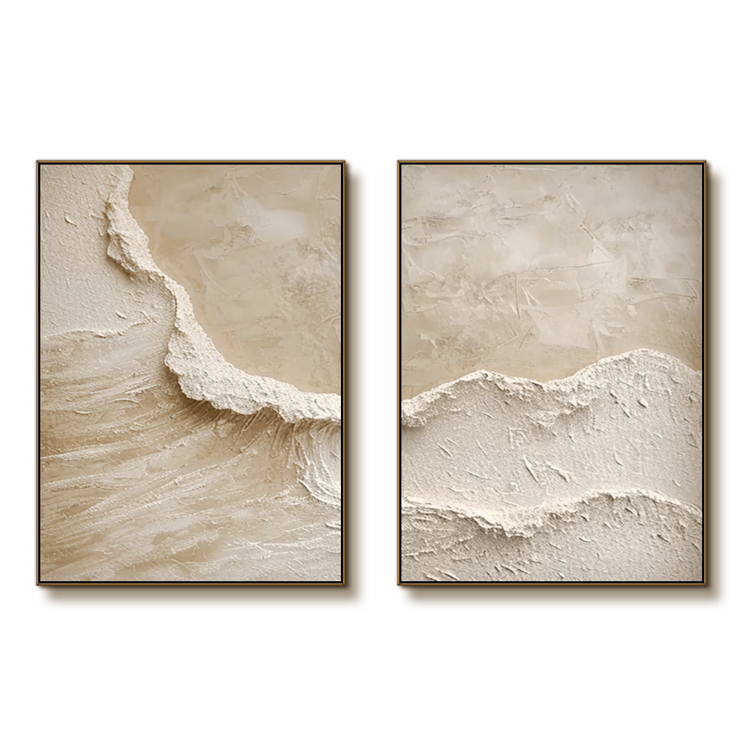 3D Textured Abstract Art Set of 2 - Beige Ocean Waves I - Hues Art Lab