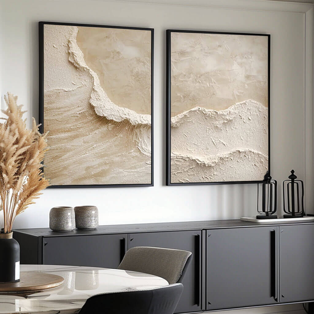 3D Textured Abstract Art Set of 2 - Beige Ocean Waves I - Hues Art Lab