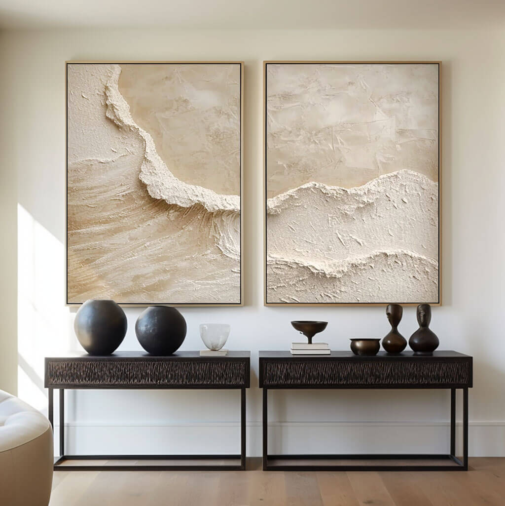 3D Textured Abstract Art Set of 2 - Beige Ocean Waves I - Hues Art Lab