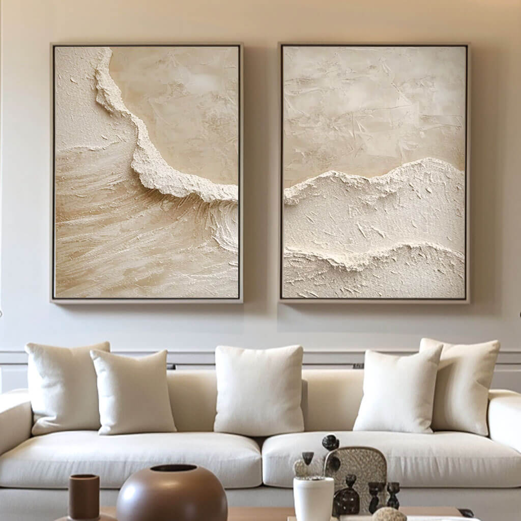 3D Textured Abstract Art Set of 2 - Beige Ocean Waves I - Hues Art Lab