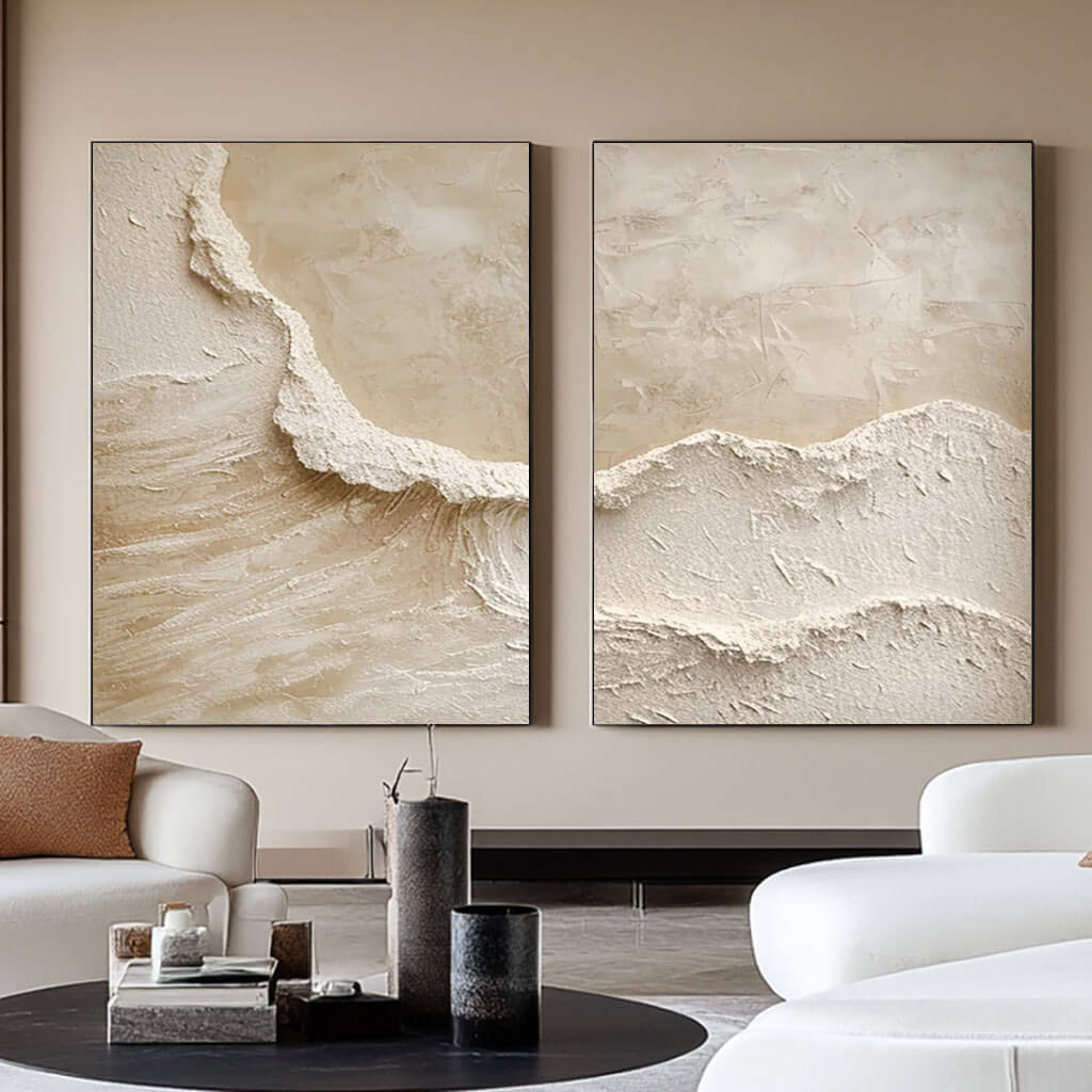 3D Textured Abstract Art Set of 2 - Beige Ocean Waves I - Hues Art Lab