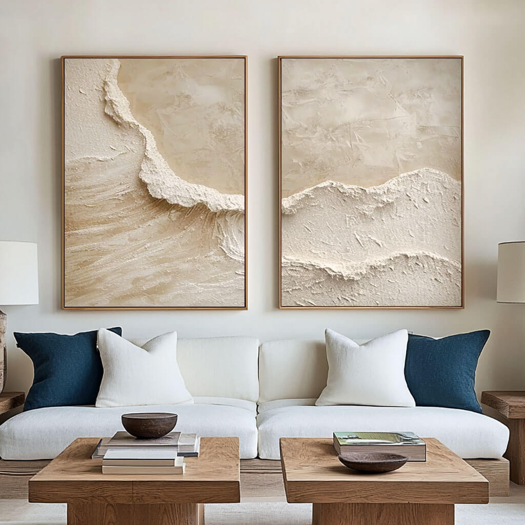 3D Textured Abstract Art Set of 2 - Beige Ocean Waves I - Hues Art Lab