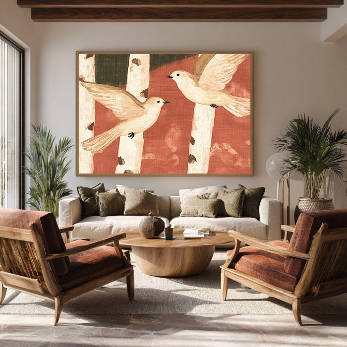 Birch Forest Duet framed birch canvas print styled in a calm room