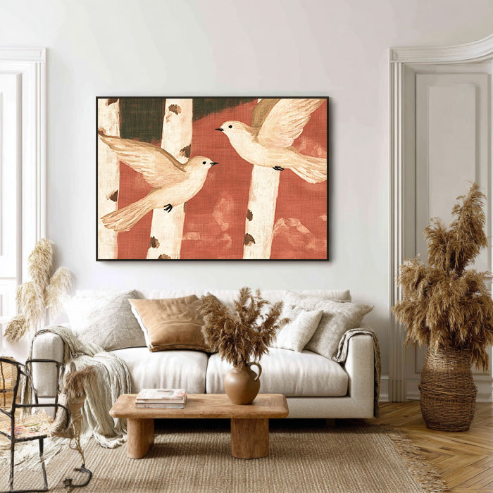 Birch Forest Duet minimalist painting with quiet woodland composition