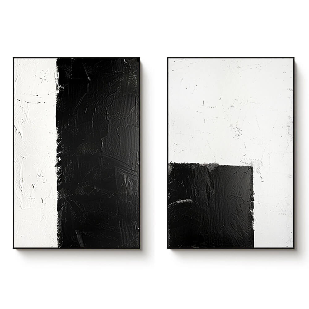 Black and White I - Textured Minimalist Abstract Wall Art Set of 2 - Hues Art Lab