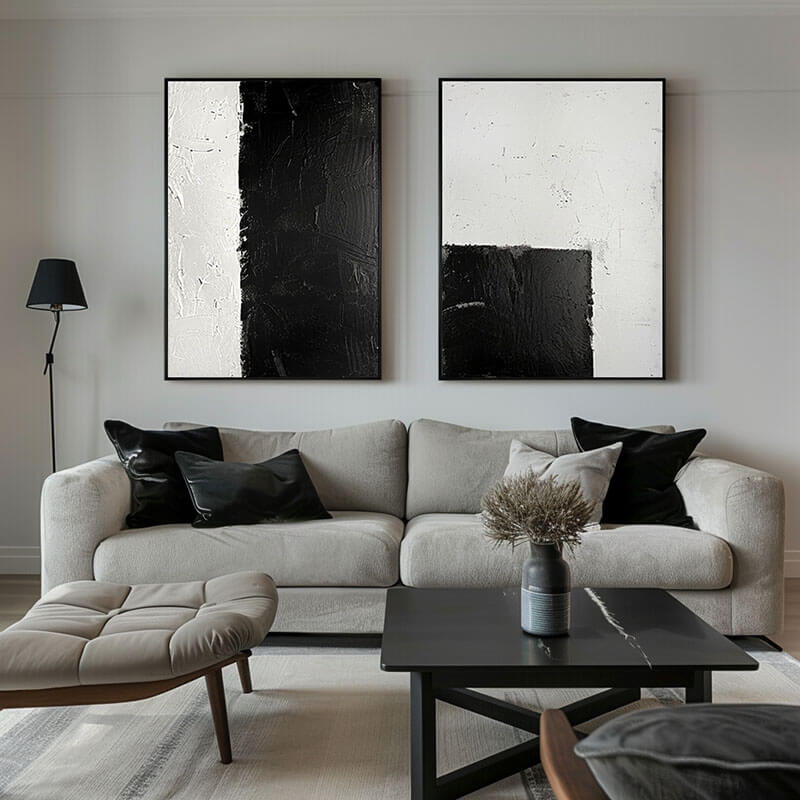 Black and White I - Textured Minimalist Abstract Wall Art Set of 2 - Hues Art Lab