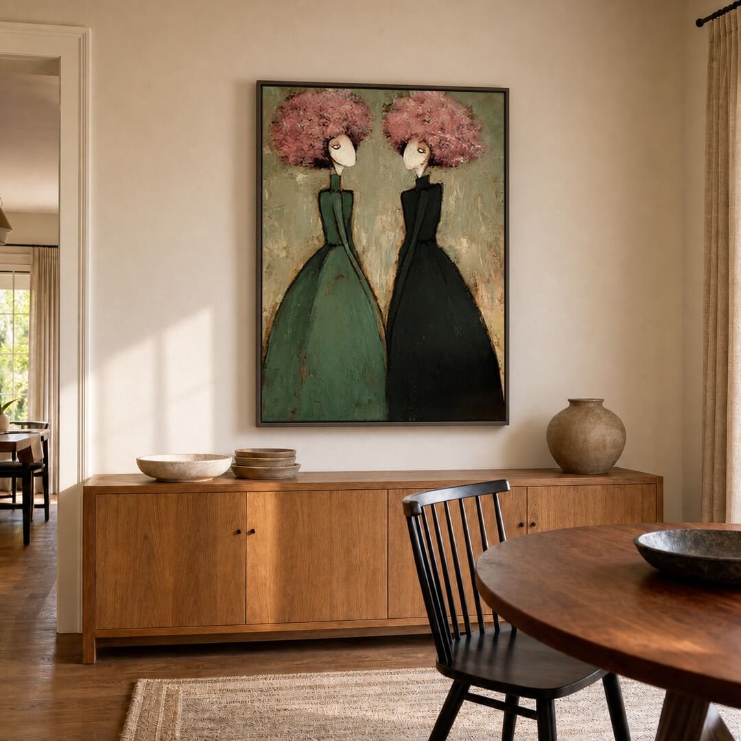 Modern figurative canvas painting with colorful botanical forms and textured brushwork