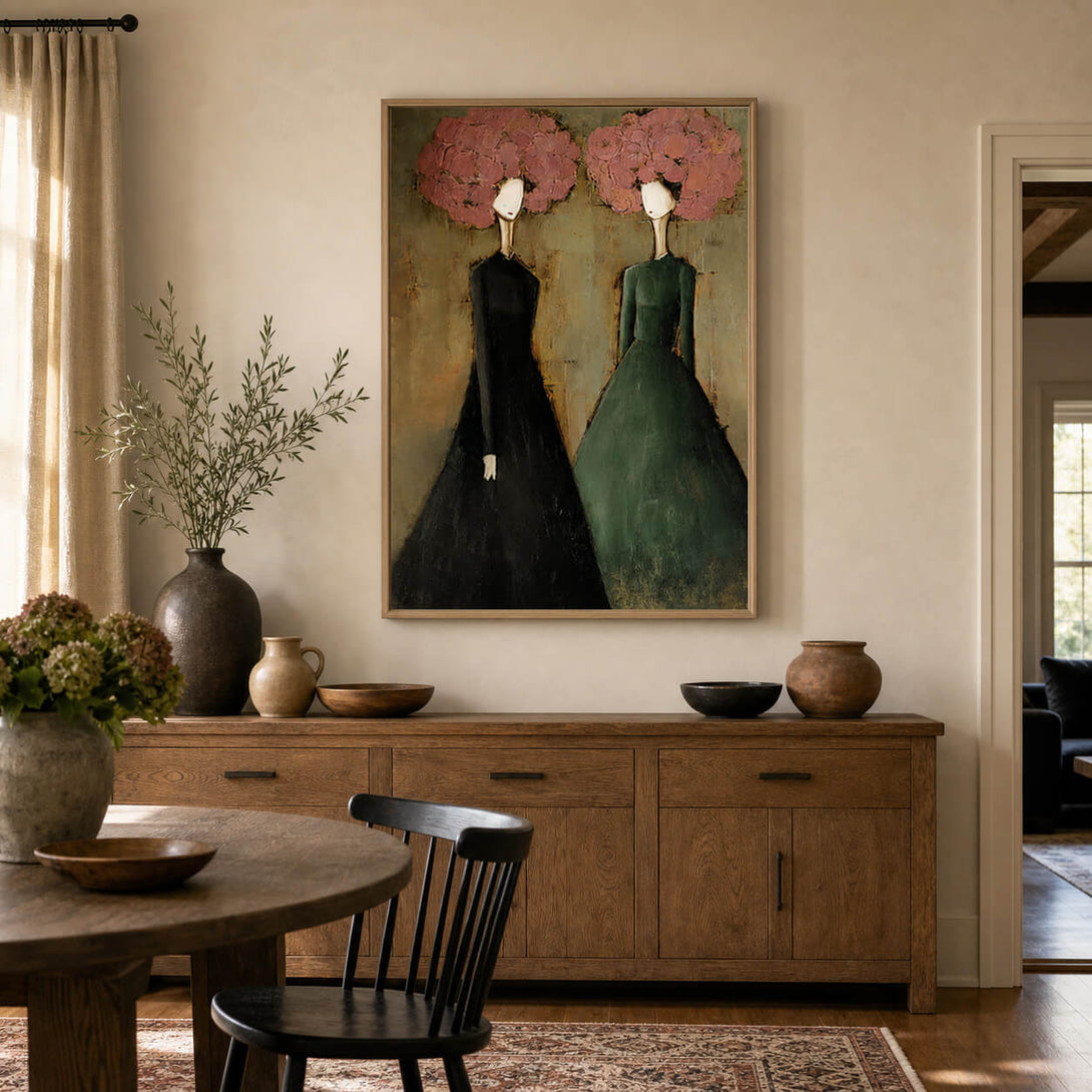 Large vertical abstract floral wall art styled in a modern contemporary interior