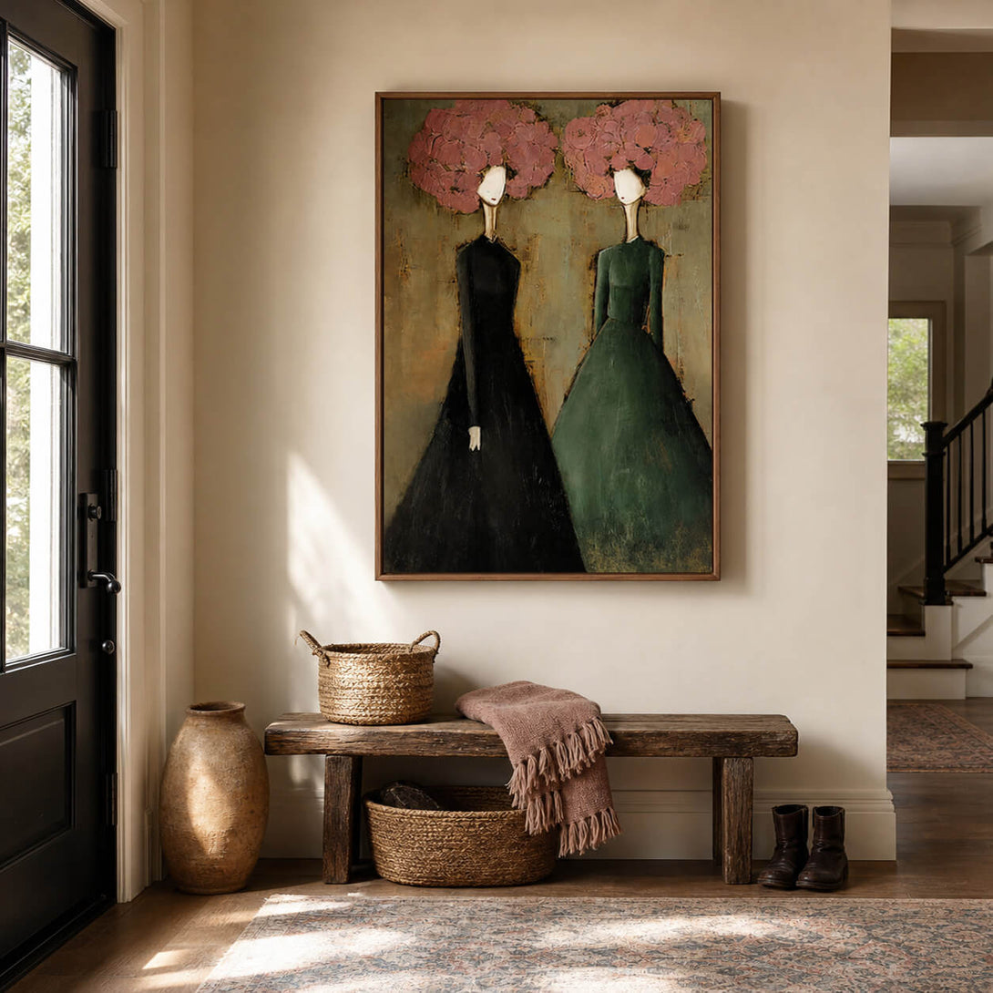 Bloom Beyond Words figurative canvas painting with expressive women and botanical accents