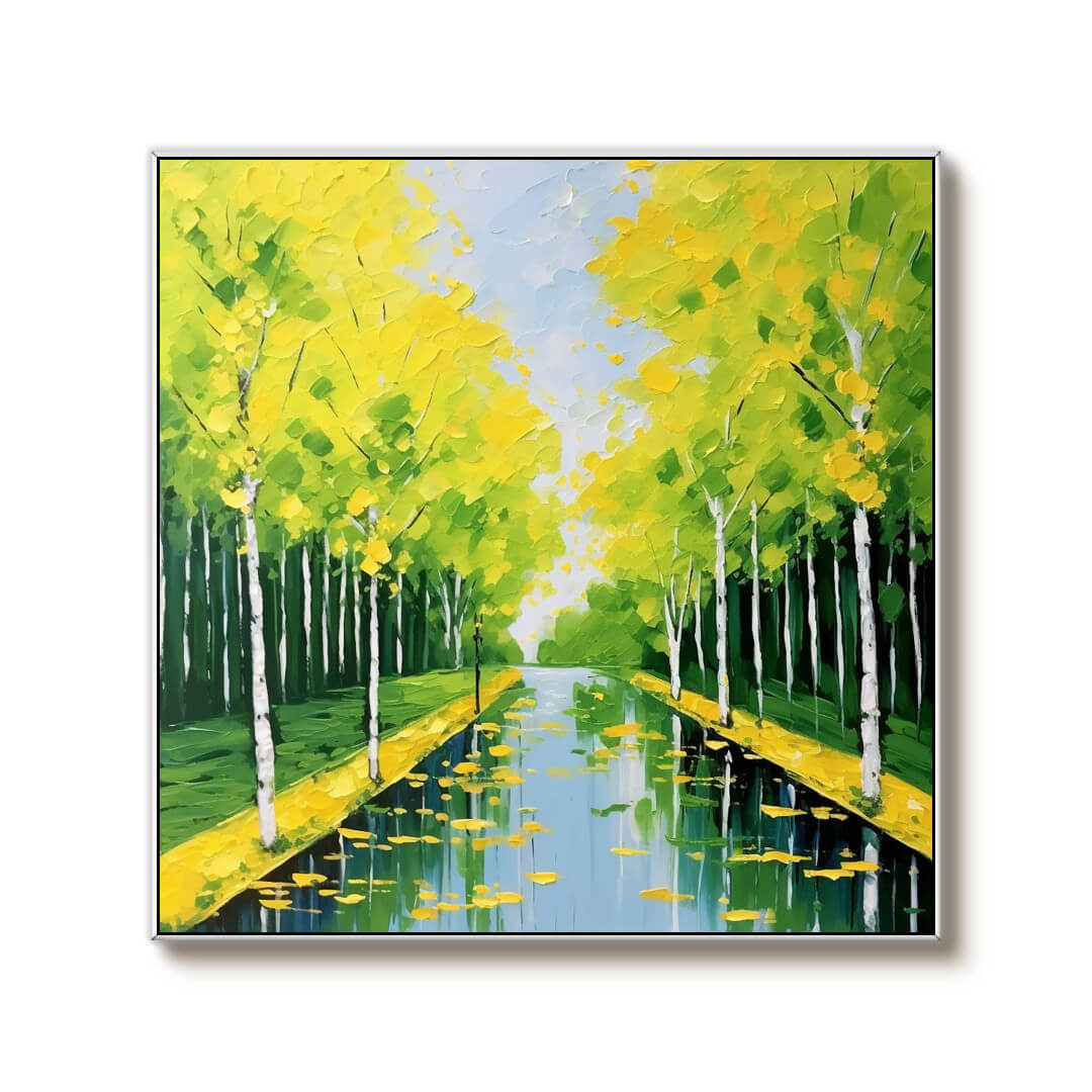 Vibrant Green Landscape Painting - Serene Canal Wall Art - Blowin' in the Wind - Hues Art Lab