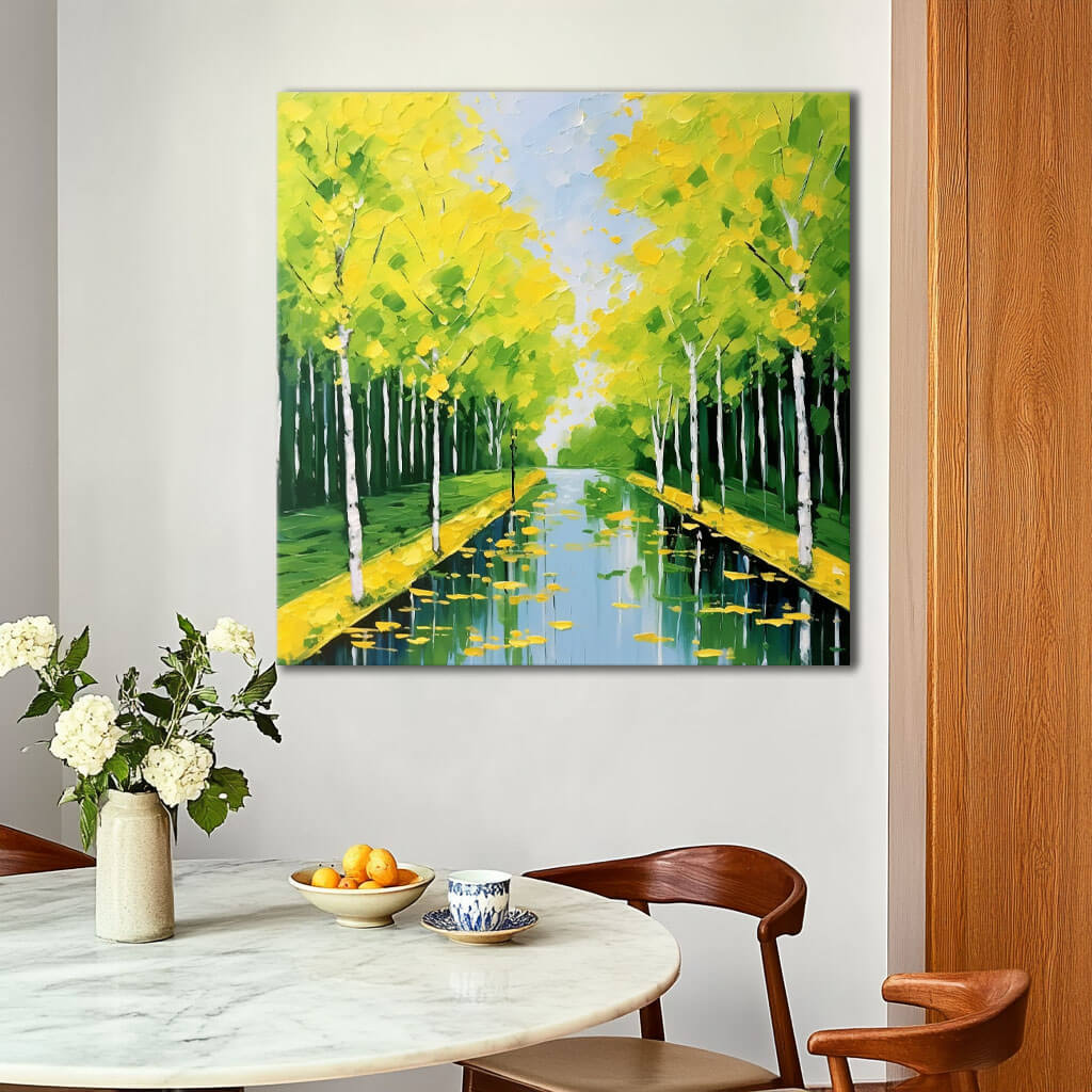 Vibrant Green Landscape Painting - Serene Canal Wall Art - Blowin' in the Wind - Hues Art Lab