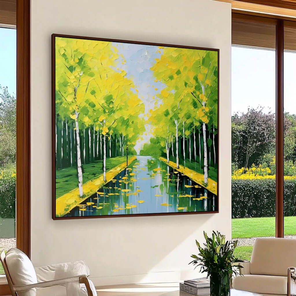 Vibrant Green Landscape Painting - Serene Canal Wall Art - Blowin' in the Wind - Hues Art Lab