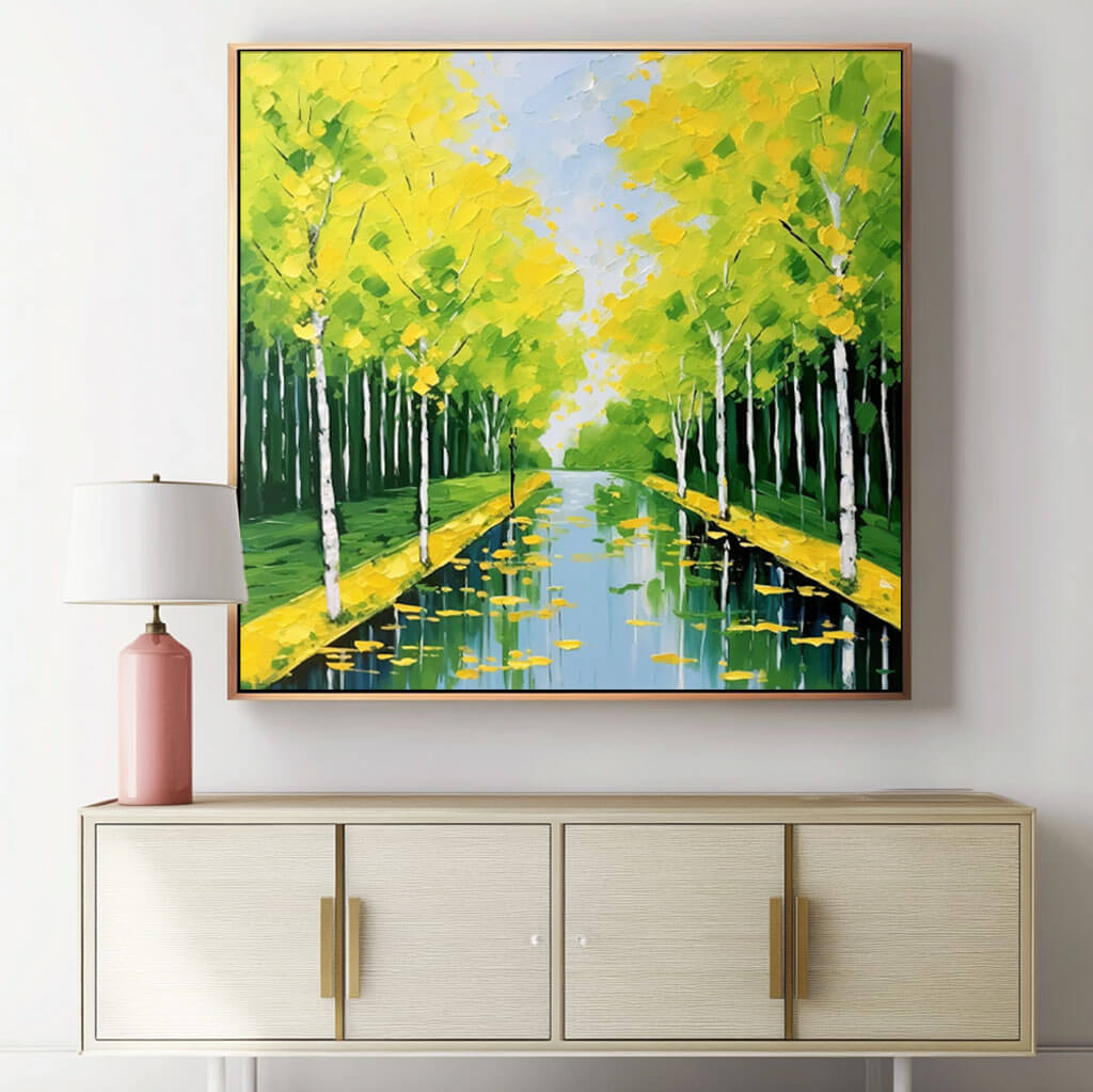 Vibrant Green Landscape Painting - Serene Canal Wall Art - Blowin' in the Wind - Hues Art Lab